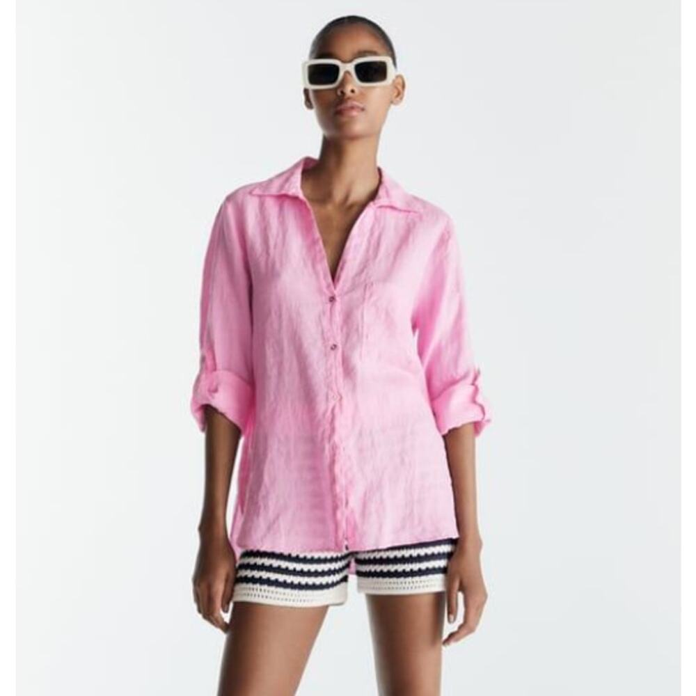 ZARA Linen Button Up Blouse Bubblegum Pink Long Sleeve Women's S